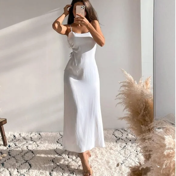 NWT Zara * White Satin Midi Cut Out Dress - Picture 6 of 8